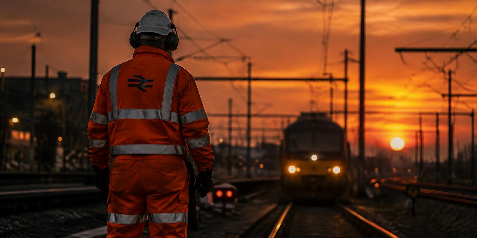 Spoorwerker bij zonsondergang